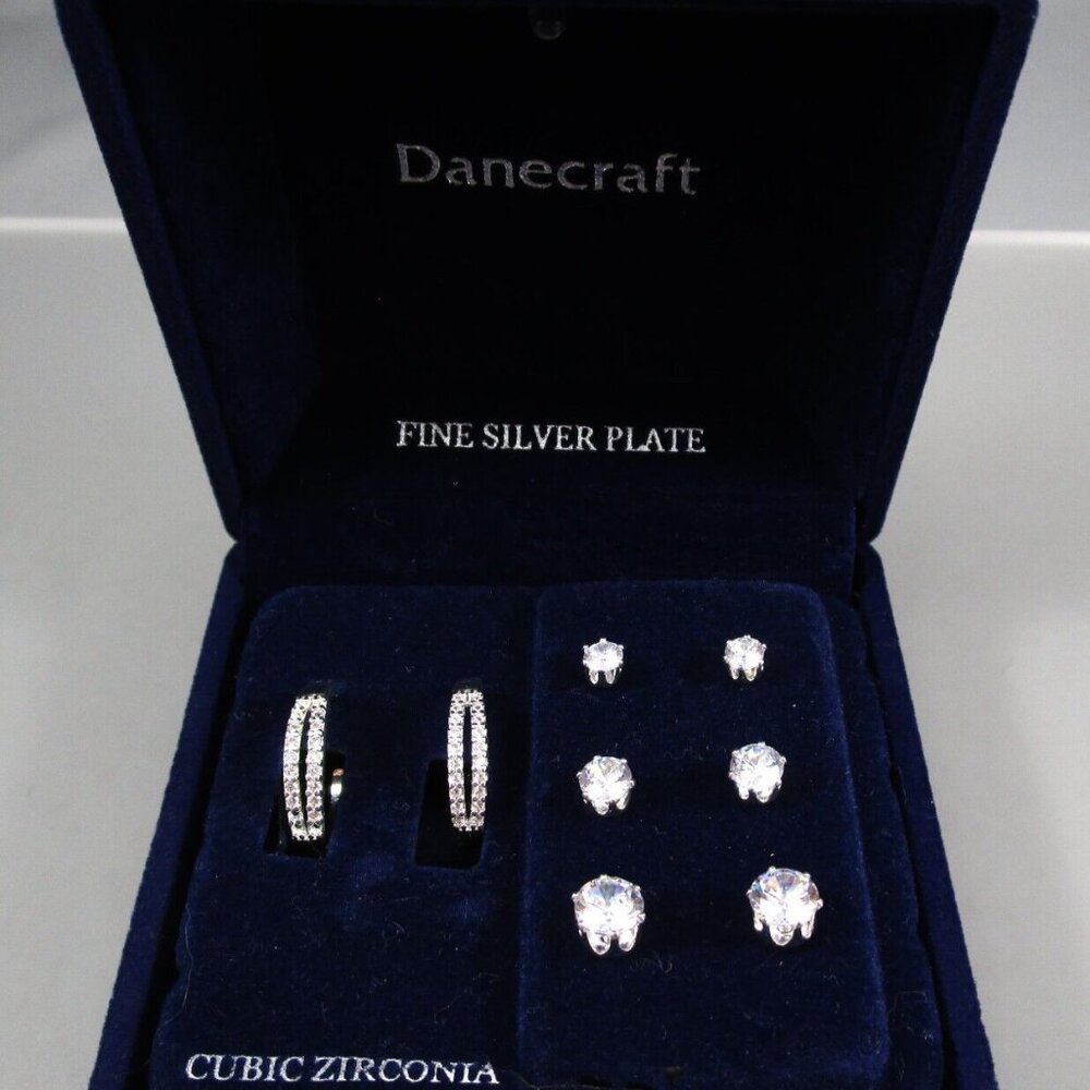 DANECRAFT 4pc Mod/Contemporary Hoop & Stud Silver Plated CZ Earrings Set**NEW! - Picture 2 of 5